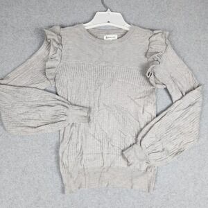 &merci Sweater Womens Small Gray Ribbed Knit Ruffle Balloon Sleeve Crew Neck